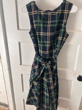 Sleeveless Navy and Green Plaid Tie-Waist Dress